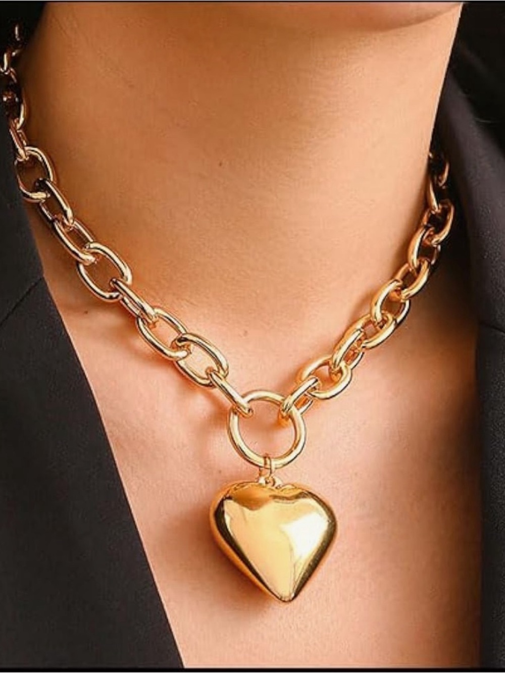 Chunky Gold Heart Statement Necklace-Oversized Puffy Love Charm Chain